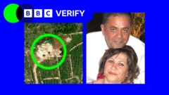 Ein zusammengesetztes Bild, das ein Satellitenbild des zerstörten Hauses von Joe Elias und seiner Frau Diana im Südlibanon zeigt. Rechts ist ein Bild von Joe und Diana zusammen. Das BBC Verify-Logo befindet sich in der oberen linken Ecke und beide Bilder sind von einem blauen Rand umgeben.