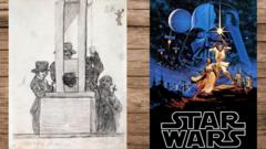 Ilustración de la guillotina y póster de "Star Wars" de 1977
