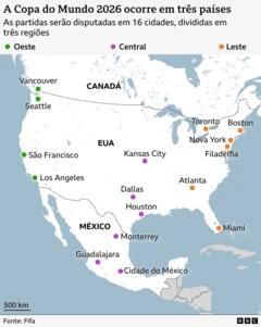 Mapa da América do Norte, mostrando as cidades-sede da Copa do Mundo de 2026