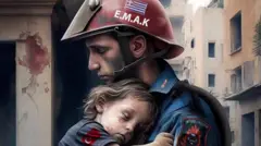 Yapay zekayla üretilen bir itfaiyecinin bir çocuğu tutarken gösteren resim. 