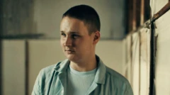 Denis, vestindo uma camisa azul-clara, fala à BBC em um galpão