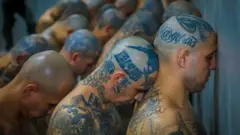 La llegada de internos pertenecientes a las pandillas MS-13 y 18 al nuevo penal 'Centro de Confinamiento de Terroristas' (CECOT), en Tecoluca, 74 km al sureste de San Salvador, el 15 de marzo de 2023.