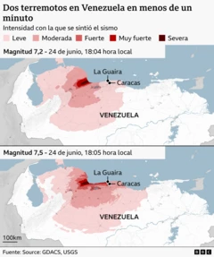 Mapa que muestra la intensidad con que se sintieron los sismos