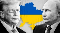 Mapa de Ucrania superpuesto con los colores de la bandera nacional: azul arriba y amarillo abajo. A ambos lados se ven retratos en blanco y negro de Donald Trump y Vladimir Putin, ambos con traje y con aspecto serio.