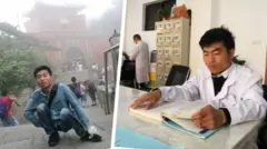 یو ګډ انځور د ډاکټر لي ښيي: په یوه برخه کې د 'تای' غره پر سر او په بله برخه کې د طبي زده‌کوونکي په توګه د کتاب لوستلو په حال کې.