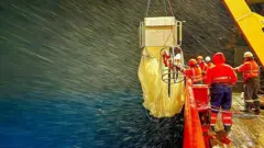 Pesquisadores a bordo do barco coletando zooplâncton