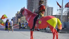 A resident of Mekelle region rides a horse painted in the colours of the Tigray regional flag as they attend celebrations marking the 45th anniversary of the launching of the "Armed Struggle of the Peoples of Tigray", on February 19, 2020, in Mekelle. - The political party that dominated Ethiopian politics for nearly three decades staged massive anniversary celebrations on February 19 that highlighted rising tensions with the prime minister"s government and neighbouring Eritrea. The Tigray People"s Liberation Front (TPLF) led the overthrow of the Marxist ruler Mengistu Haile Mariam in the early 1990s and controlled the ruling coalition that took over