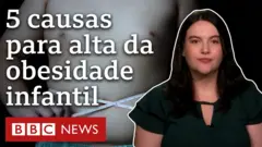 Montagem com repórter com criança obesa medindo barriga com fita métrica