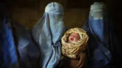 Afghan women in burkas, with baby, illustration