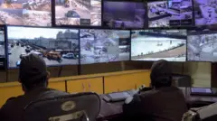 Dois homens de costas sentados em sala de monitoramento repleta de telas