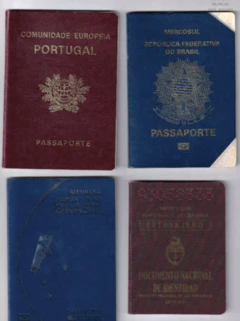 Imagem com diversos passaportes de diferentes países, quatro ao todo, lado a lado