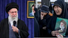 Aworan Kamenei atawọn obinrin ti wọn wọ aṣọ dudu, ti wọn gbe aworan rẹ dani tawọn ti omije loju wọn.