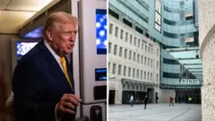 Trump w niebieskim garniturze i żółtym krawacie oraz biura BBC w Londynie.