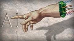 رسم يخيلي ليد بشرية وجزء من ذراع روبوت بشير بإصبع إلى كلمة ذكاء اصطناعي مكنوبة على جدار يتشقق