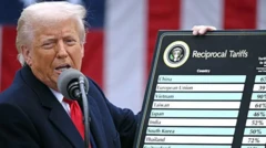 ترامپ پشت میکروفون تابلوی تعرفه‌ها را در دست گرفته