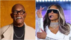 Une image divisée montrant Samuel L. Jackson souriant et Ciara en train de chanter.
