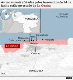Mapa das zonas mais afetadas pelos terremotos da Venezuela em 24 de junho de 2026