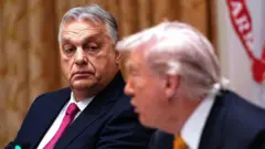 In the foreground, Trump is leaning forward and talking to someone off camera, while in the background, Orban is in focus and looking at him with no reaction.