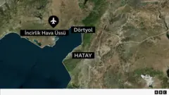 Türkiye'de İncirlik üssü, Dörtyol ve ve Hatay'ı gösteren harita