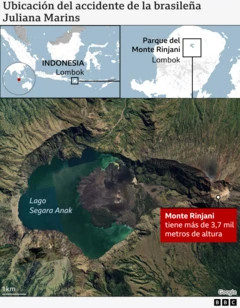 Un mapa de Indonesia mostrando la ubicación del Parque del Monte Rinjani Lombok y el Lago Segora Anak donde desapareció Juliana Marins.
