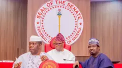 (L-R) Senate Leader Opeyemi Bamidele, Senate President Godswill Akpabio and Deputy Senate President Barau Jibrin