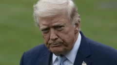 الرئيس ترامب يرتدي بدلة زرقاء ورابطة عنق زرقاء ويضع علم أمريكا على صدره