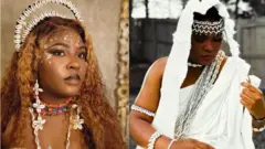 Oyinkansola Elebuibon wọ aṣọ funfun pẹlu ẹgba ọrun ati ilẹkẹ lọwọ