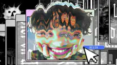 Ilustração com janelas de computador, um cursor e o rosto de uma jovem distorcido