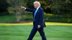 Трамп у синьому костюмі йде по зеленій галявині і показує рукою вперед 