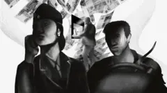 Черно-белый рисунок: женщина-полицейский и мужчина-таксист на фоне банкнот