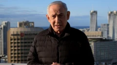 Netanyahu bir gökdelenin çatısında, arkada başka gökdelenler var. Üzerinde resmi olmayan bir kıyafetle açıklama yapıyor.