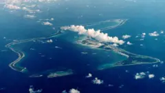 An aerial image of Diego Garcia in the Indian Ocean