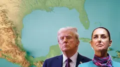 Montagem com Donald Trump e Claudia Sheinbaum diantefezbet telegrammapa do Golfo do México