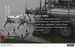 Um gráfico com anotações para os lobos-robôs diz: "Podem ser equipados para desempenhar diferentes funções junto com os soldados, como reconhecimento e transporte de munição"