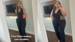 À esquerda, uma mulher usando um macacão preto e sandálias tira uma selfie em um espelho. À direita, a mesma mulher após usar o "filtro gordinho"