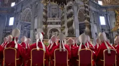 Cardinals at a mass during nine days of mourning for late Pope Francis, in St. Peter's basilica at the Vatican 