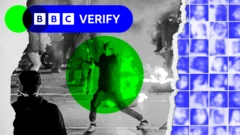 A collage of a protester on the streets of Tehran, Iran in black and white but it is clear there is a fire burning behind them. On the right-hand side of the image leaked photos are presented in a gridded face wall showing some of the 392 faces sent to BBC Verify. The photos of dead victims show close up images of their blurred faces in the colour blue..