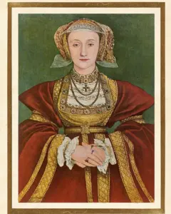 Retrato de Ana de Cleves, quarta esposa do rei Henrique 8°, com vestido vermelho e dourado