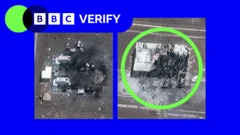 A composite image of four photos of destruction taken from a satellite. The BBC Verify logo is also visible 