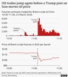 Ein Balkendiagramm und ein Liniendiagramm mit dem Titel " Der Ölhandel steigt erneut, bevor ein Trump-Beitrag über den Iran die Ölpreise bewegt“, und zeigt die Handelsvolumina und den Preis pro Barrel für Brent-Rohöl-Futures am Morgen des 23. März 2026. Das Balkendiagramm der Handelsvolumina zeigt, dass Brent-Futures-Kontrakte um 10:30 Uhr GMT mit einem Volumen von 41 gehandelt wurden (jeder Kontrakt repräsentiert 1.000 Barrel Öl). Das blieb im zweistelligen Bereich oder im niedrigen Hunderterbereich, bis es um 10:49 Uhr einen Sprung machte Der Preis fiel zurück und stieg um 11:06 Uhr deutlich höher auf einen Höchststand von 8.205, kurz nachdem Trump über den Iran gepostet hatte. Das Liniendiagramm der Preise zeigt, dass die Brent-Futures um 10:30 Uhr bei etwas unter 113 US-Dollar gehandelt wurden, dann aber stark abfielen und um 11:08 Uhr 97 US-Dollar erreichten 11:30. Die Quelle ist Bloomberg.
