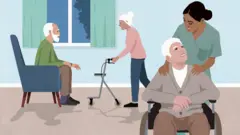 Friendly female nurse with senior man in wheelchair in assisted care facility - stock illustration
