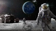 دو فضانورد بر سطح کره ماه و یک ماه‌نورد در کنار آنها. زمین در پس‌زمینه آنها