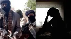 Awọn janduku agbebọn faṣọ dudu bo imu pẹlu ibọn lọwọ wọn ni aworan apa osi, aworan obinrin kan lo wa lapa ọtun.