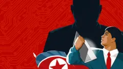 উত্তর কোরিয়ার পতাকার সামনে হ্যাকারদের গ্রাফিক ছবি