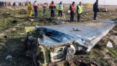 Rescue teams inspect the wreckage of Ukrainian International Airlines flight PS752
