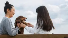 一名婦女抱著一隻狗與孩子互動