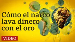 Ilustración con una pepita de oro sobre círculos con el mapa de América Latina.