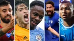 Manchester United's Bruno Fernandes (left), Raul Jimenez of Wolves, Manchester City's Raheem Sterling, Olivier Giroud of Chelsea and Alfredo Morelos of Rangers