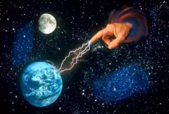 Ilustração mostra dedo apontado para o planeta Terra em meio ao universo, indicando o poder de um Deus