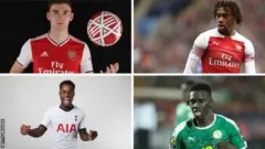 Kieran Tierney (hejuru ibumoso), Alex Iwobi (hejuru iburyo), Ryan Sessegnon (hasi ibumoso) na Ismaila Sarr (hasi iburyo) ni bo bakinnyi bane baguzwe arenga miliyoni 25 z'amapawundi ku munsi wa nyuma w'igura n'igurishwa ry'abakinnyi kuri iyi mpeshyi